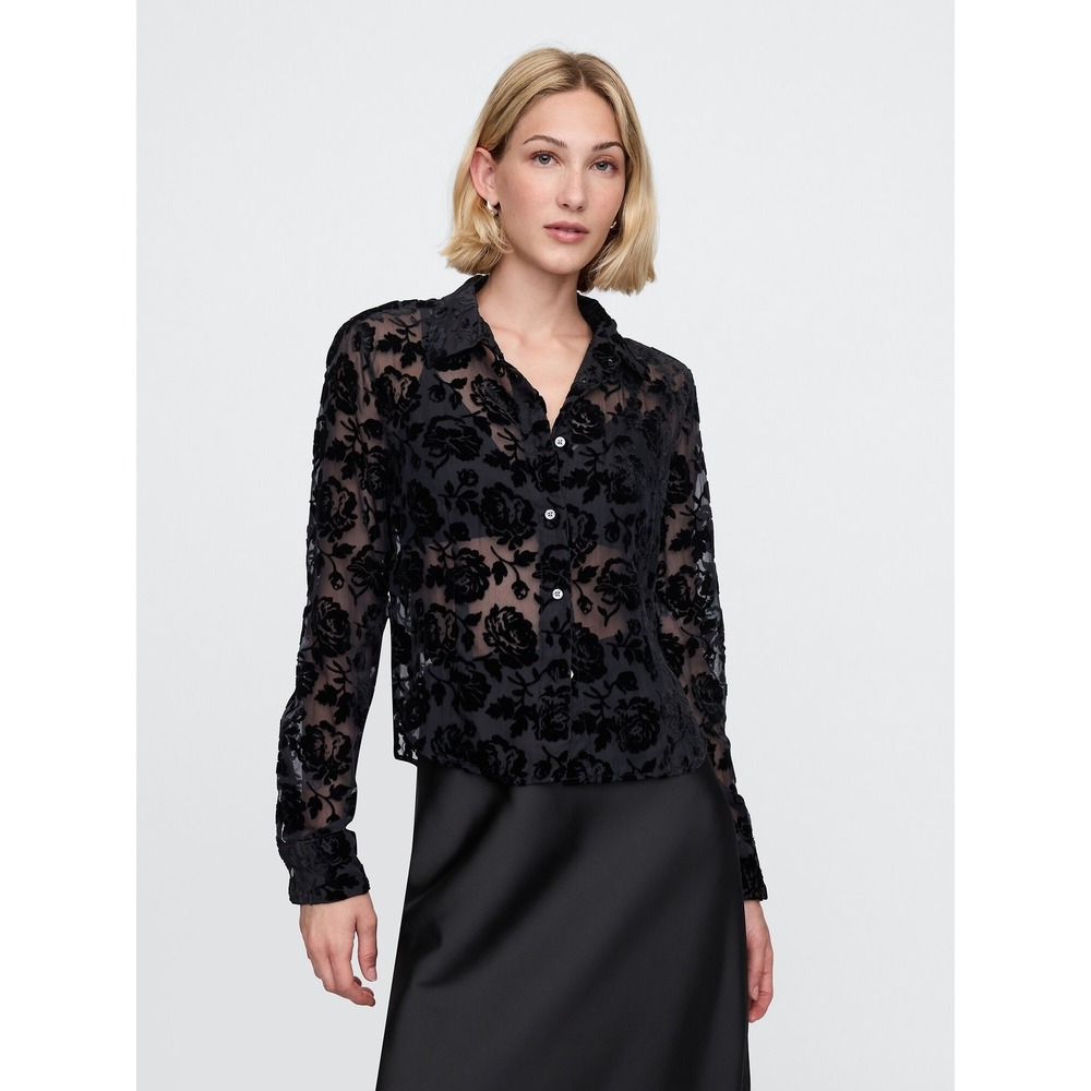 Gap NWT 43R Black Floral Burnout Velvet Sheer LS Fitted Crop Button Down Shirt M